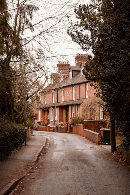 A narrow paved driveway in North Ockendon lined with red brick residential buildings on one side and an old brick wall on the other. The buildings have multiple levels with windows, some with black frames, and small front doors. A large potted plant is visible near one of the entrances. Overhead, cloudy skies cast diffuse light on the scene. The driveway is used for access and parking, with a vehicle visible in the distance. This setting illustrates the type of environment where house removals and furniture transport by Man with Van North Ockendon are often carried out, especially in tight urban or suburban areas requiring careful planning for loading and unloading during home relocation or packing and moving projects.